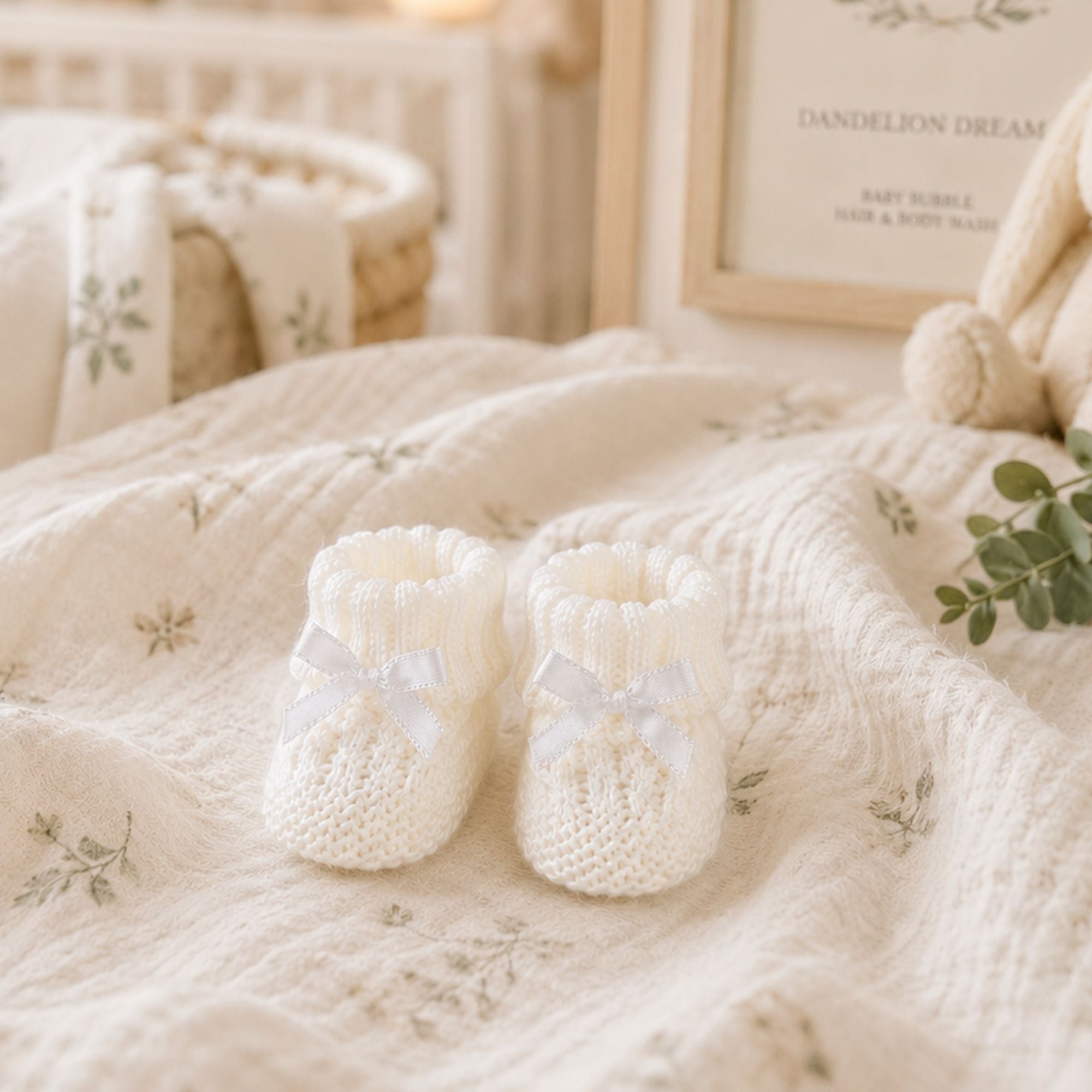 White Check Knit Design Booties with Bow Booties.