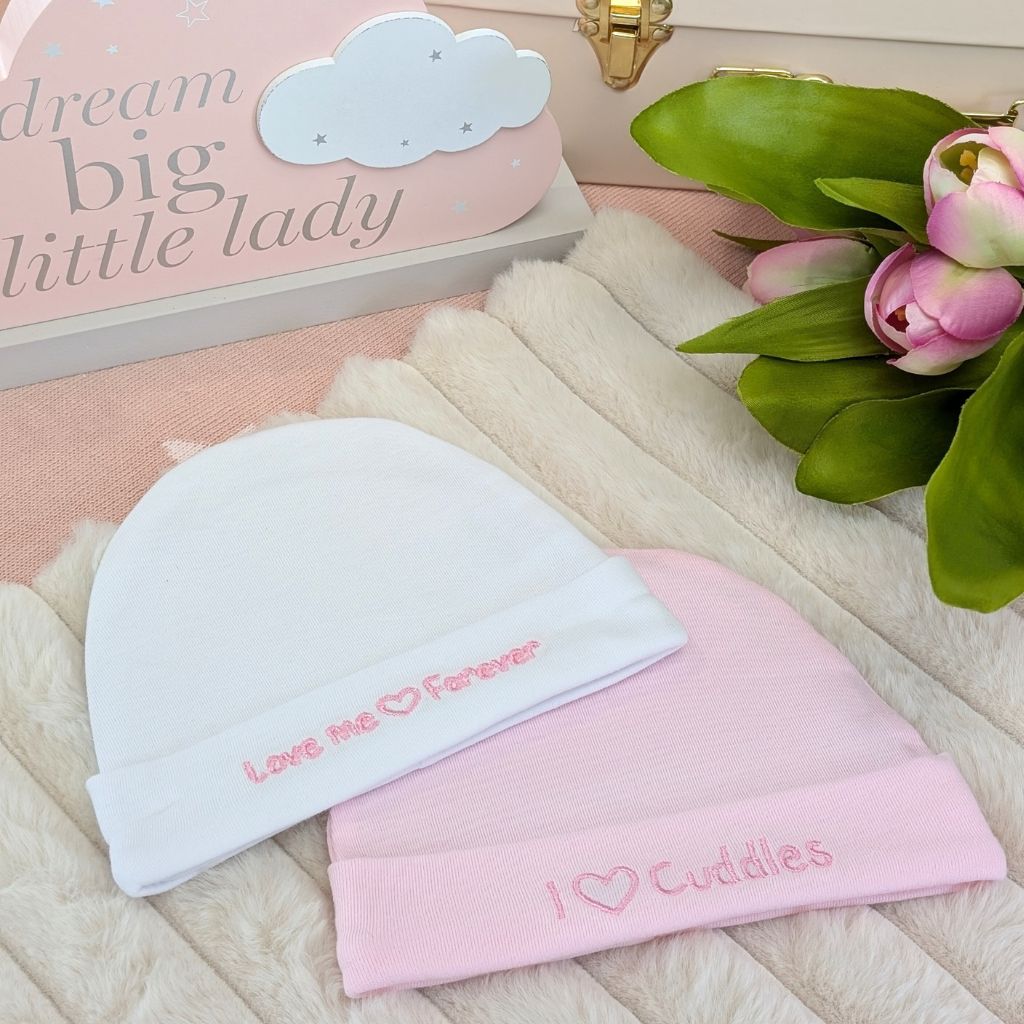 White & Pink Sweet Hugs Baby Beanie Hats – Set of 2