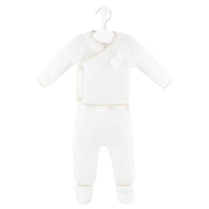 White knitted wrap cardigan and footed leggings displayed on a hanger against a plain background.