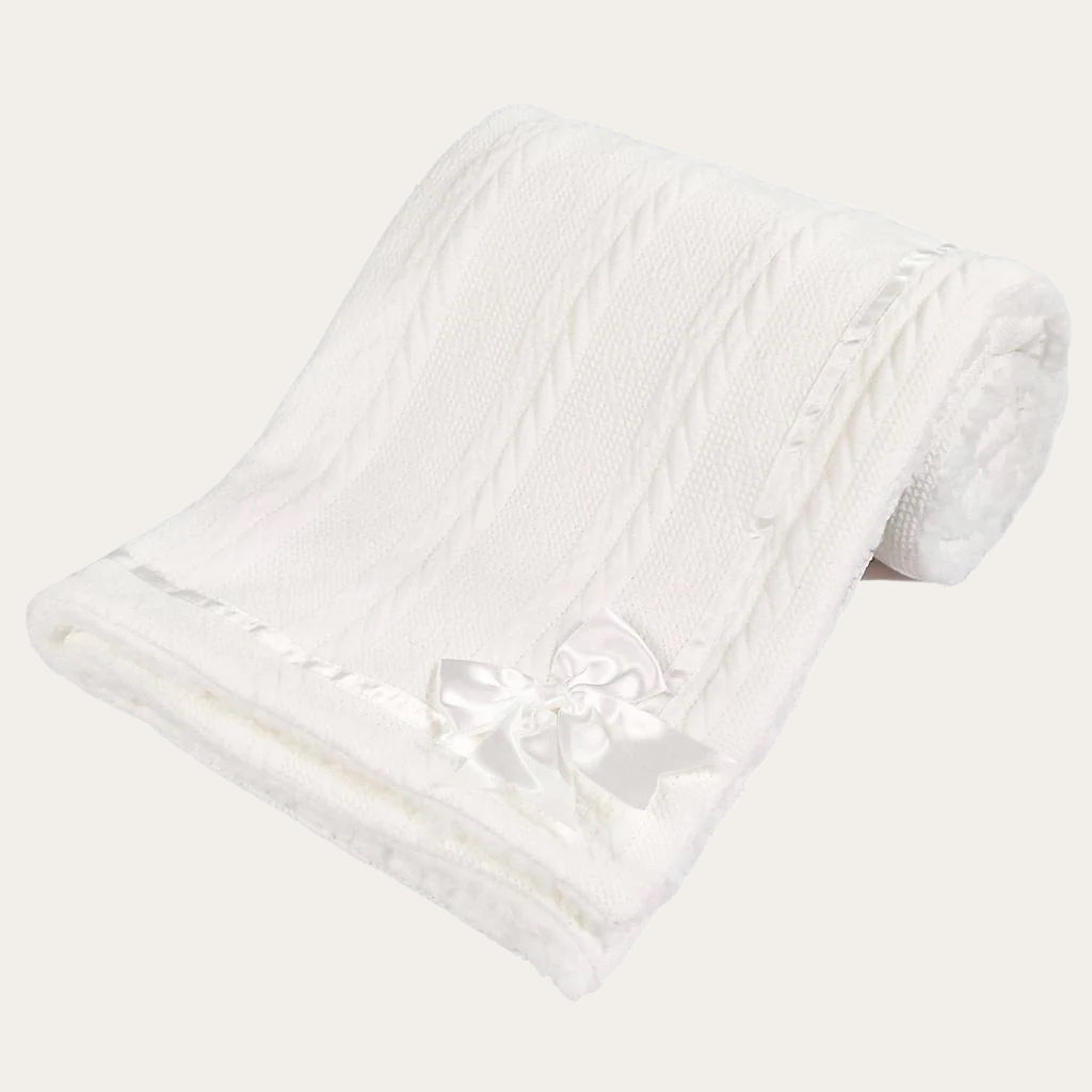 White Sherpa Back Knit Baby Blanket with Satin Bow 75x90cm Baby Blanket.