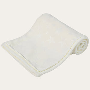 Personalised white baby blanket with a star design and personalisation is an option.