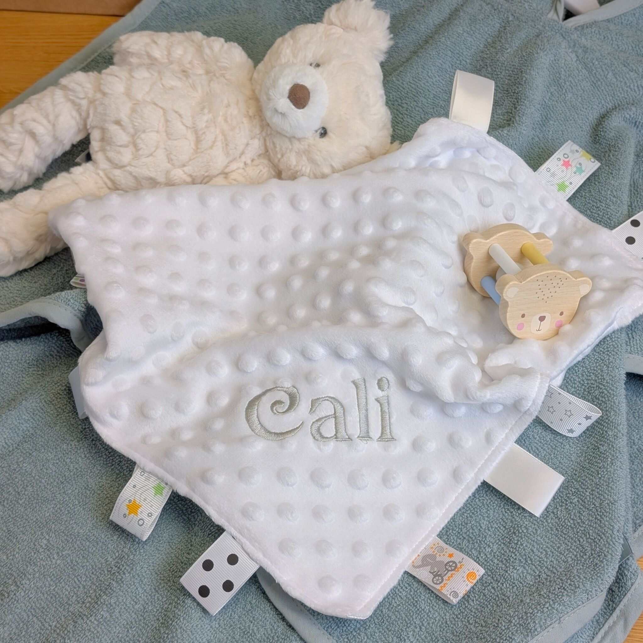 Personalised White Baby Comforter with Taggie Ribbons