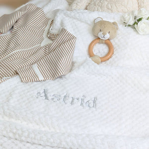 Personalised white waffle baby blanket.