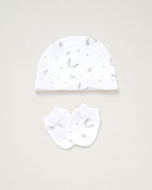 white baby hat and mittens