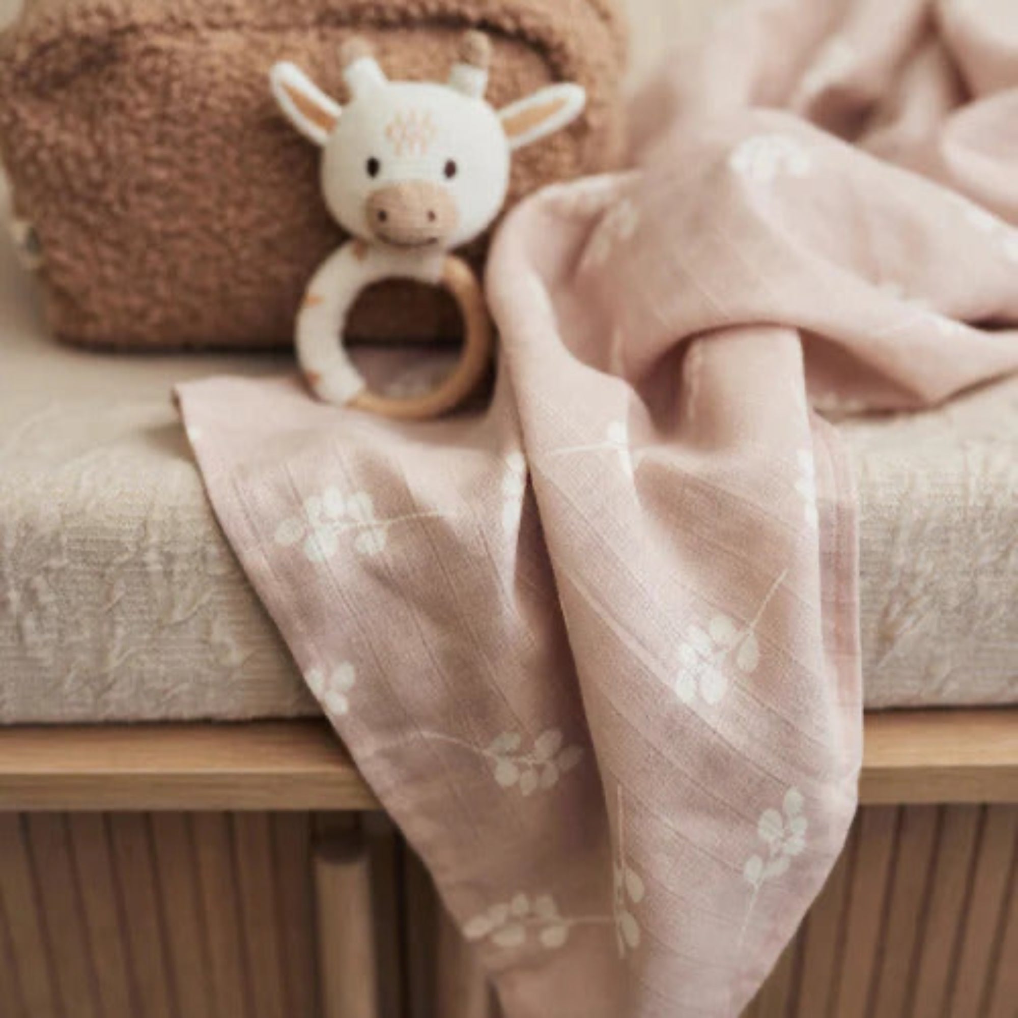 3 Pack Soft Cotton Muslins 70x70cm - Twig Wild Rose Print Muslins.