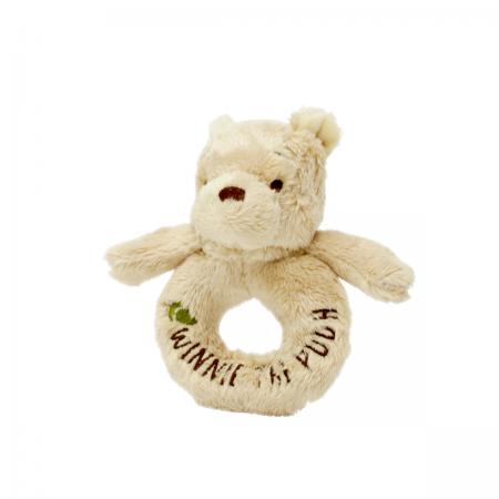 Soft neutral coloured plush ring rattle in the Winnie the Pooh theme with a winnie the pooh face