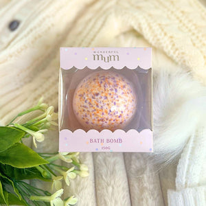 Bath bomb in pink packaging with wonderful mum inscription on box.