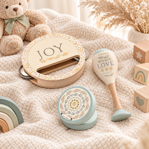 Wooden baby musical instrument set with tambourine, maraca and castanet-style clacker