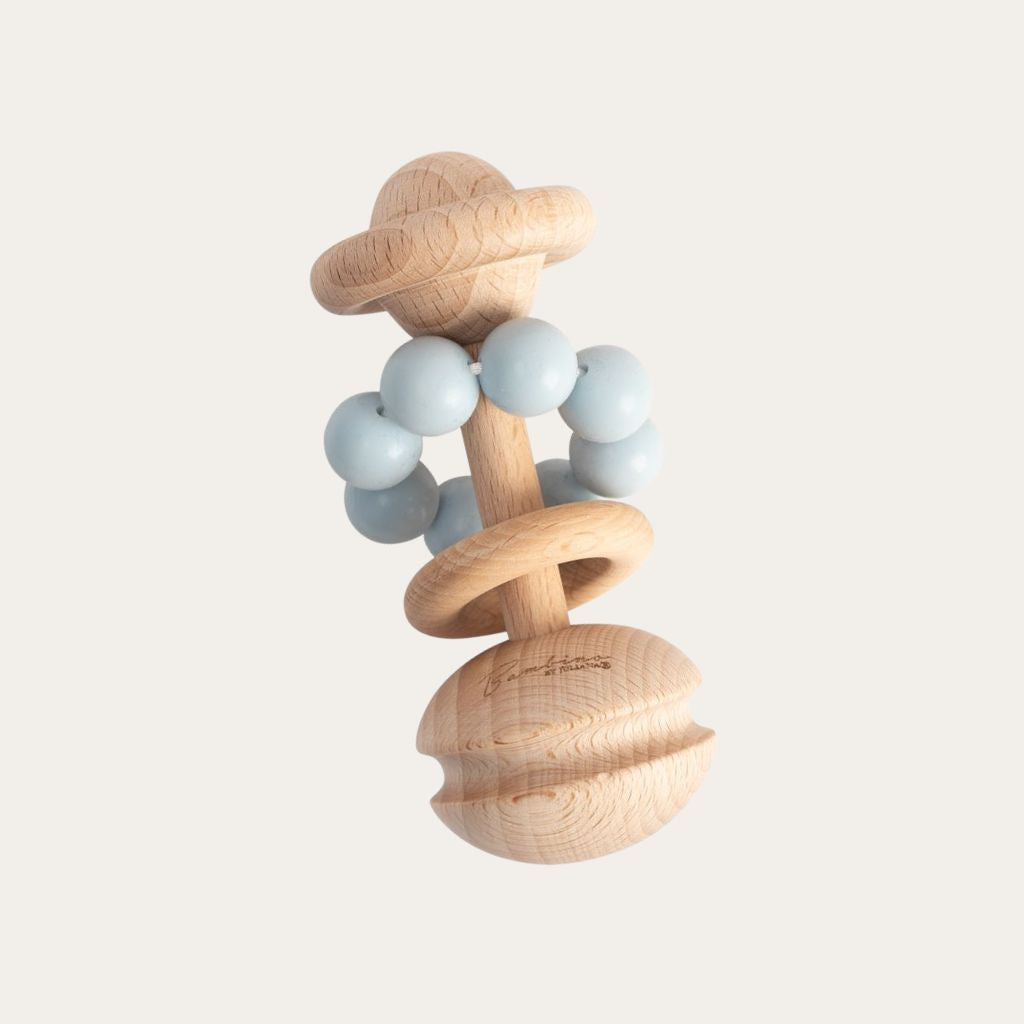 Wooden baby teether with blue teething beads