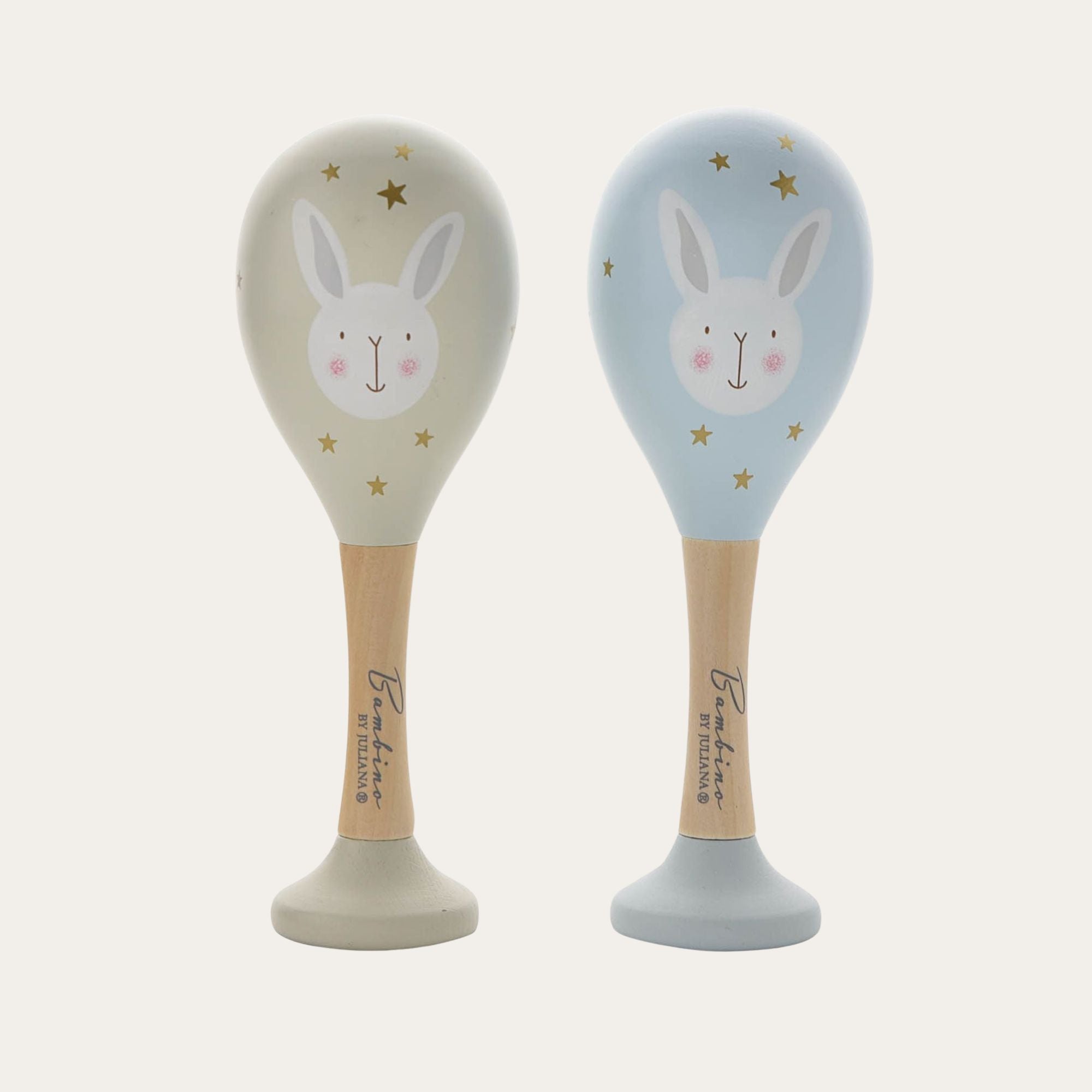 Blue and Grey Wooden Toy Maracas with Rabbit Design Wooden Toy.