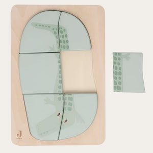 Wooden toy jigsaw puzzle made with FSC-Certified Wood featuring a crocodile image.