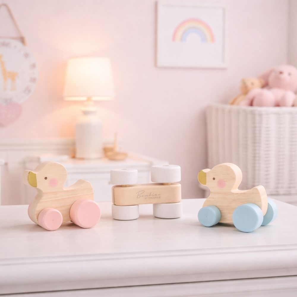 Wooden baby toys which a ducks with wheels in pink blue and white