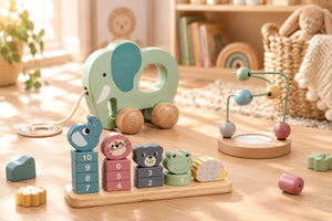 18 piece wooden educational toy trio with stacking toy, pull toy and bead maze
