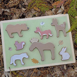 Wooden jigsaw puzzle with forest animals.