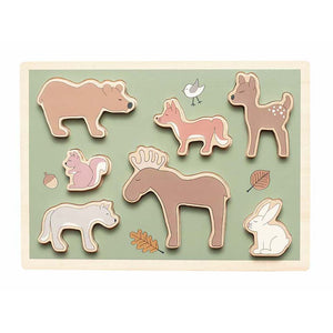 Wooden toy jigsaw puzzle with 7 forest animals.