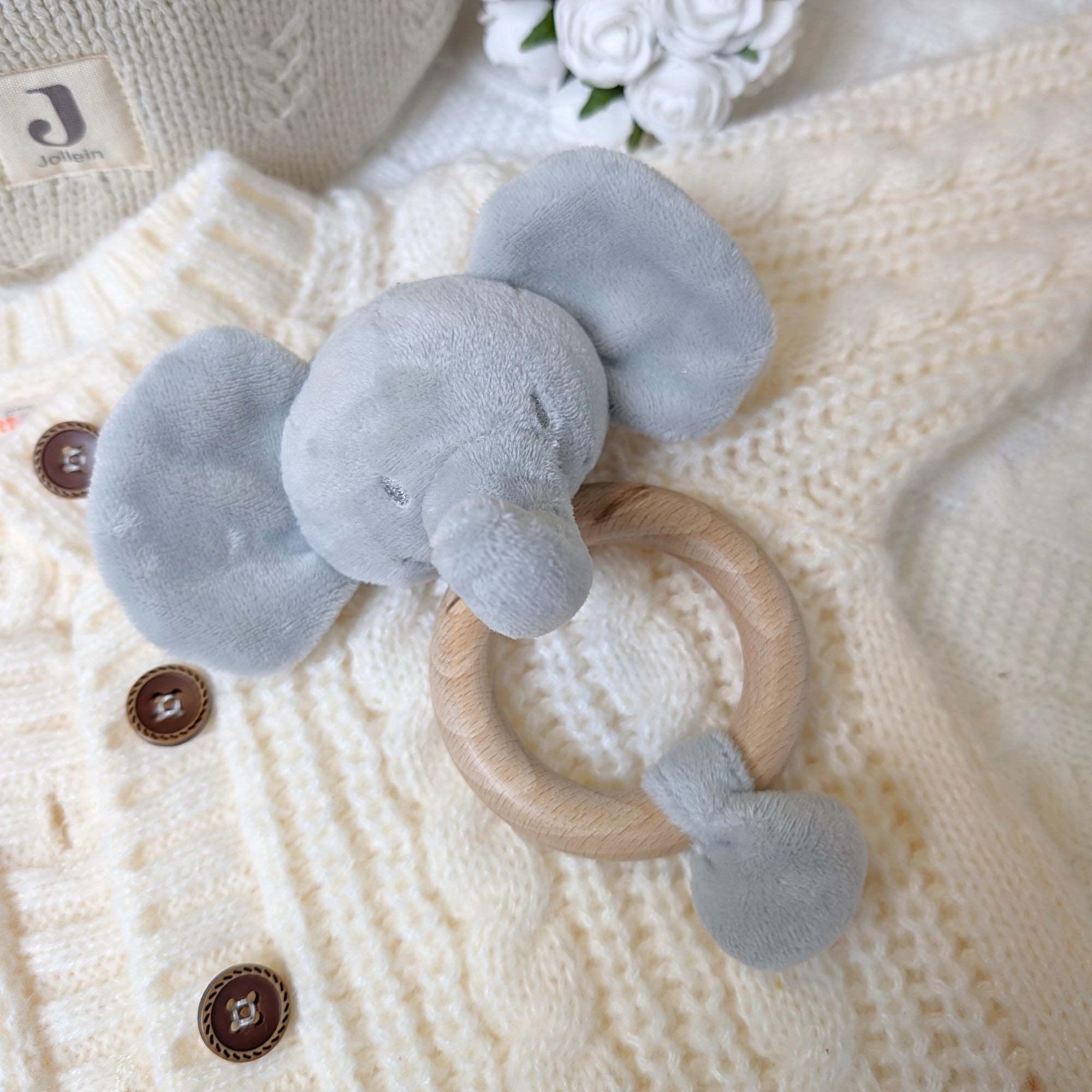 Wooden ring rattle with eco-friendly grey elephant baby rattle toy