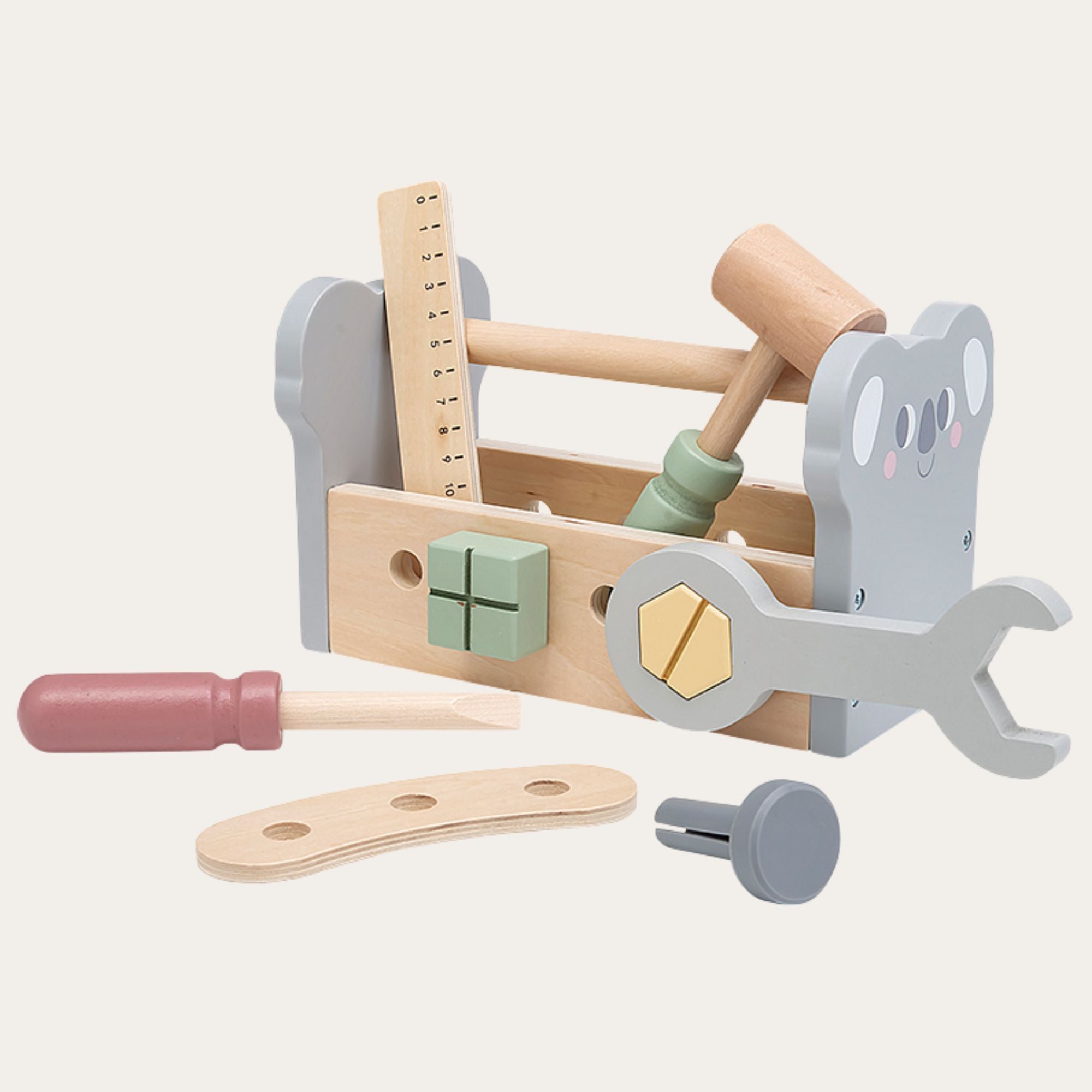Wooden toolbox toy with tools for toddler play to encourage imagination and development.