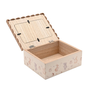 Open woodland keepsake box showing the wooden storage compartment and photo backing clips inside the lid.