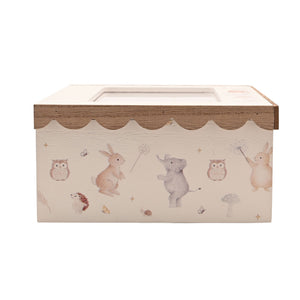 Straight-on view of the woodland keepsake box with rabbit, bear and owl illustrations on the front panel.