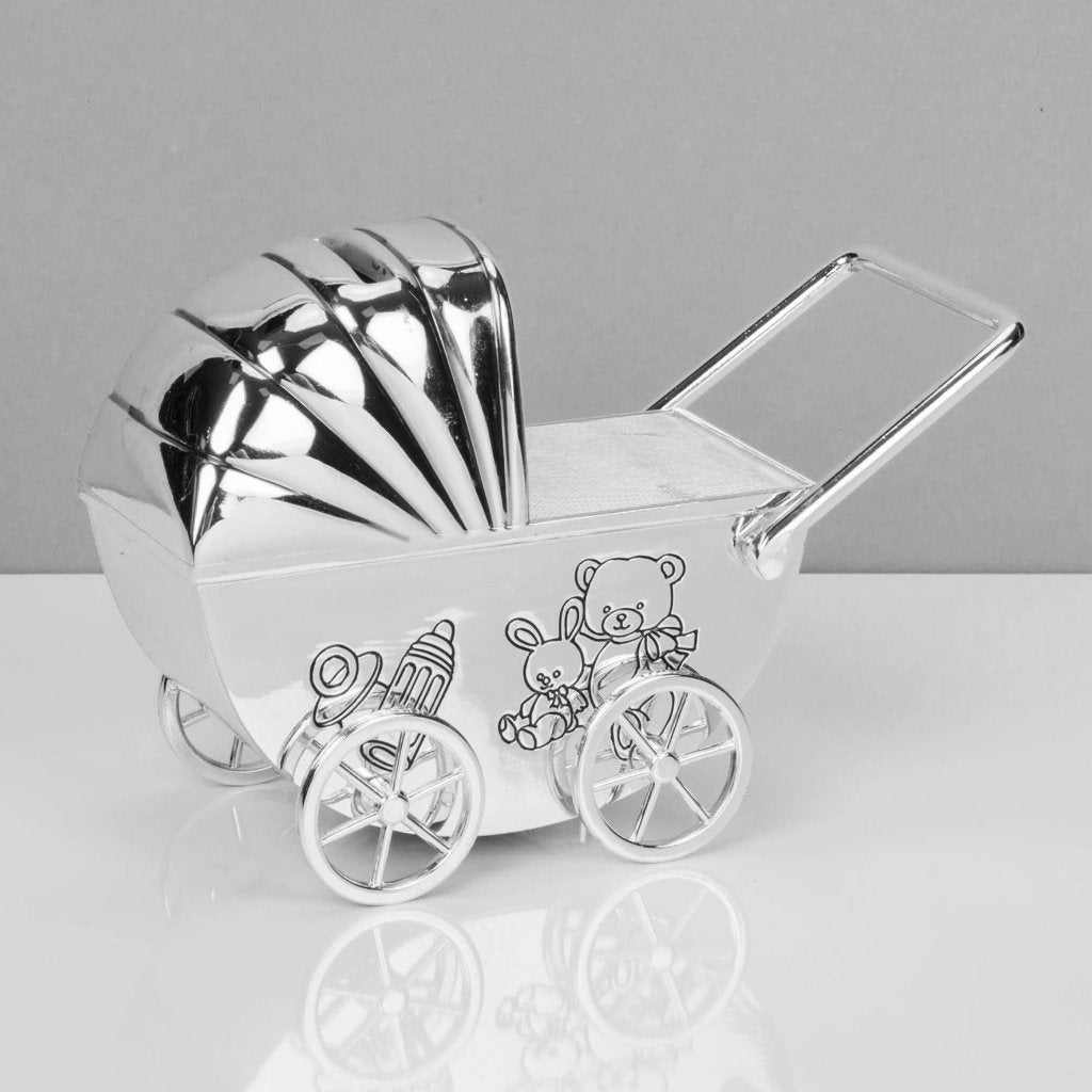 Bambino Silverplate Money Box Pram/Moving Wheels Money Box.