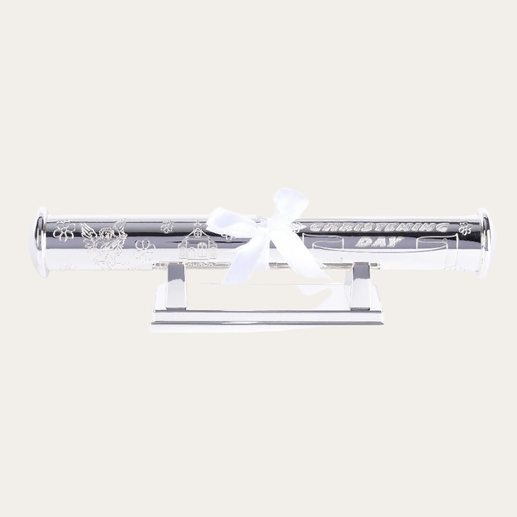 Silverplated "Christening Day" Tube with stand Silver Gifts.