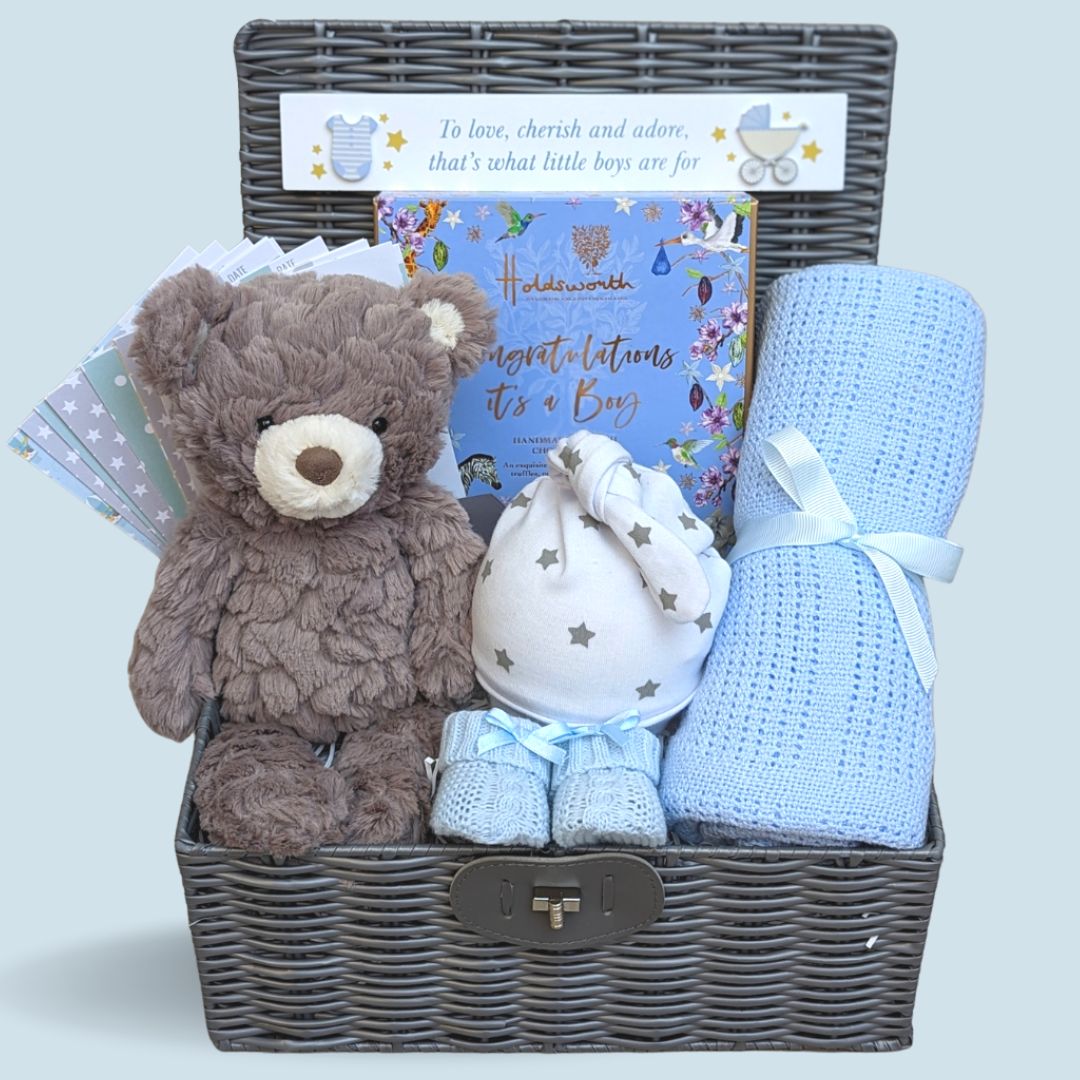 Baby boy hamper gift basket with teddy bear, Blue Star layette Clothes Set, Love Boo Baby Wash Gift Set, Milestone Cards, Baby Boy Hamper - Bumbles and Boo