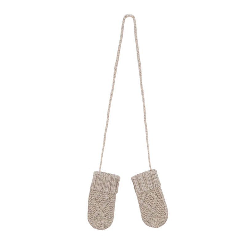 Chain knit knitted mittens on a string in a soft beige biscuit colour