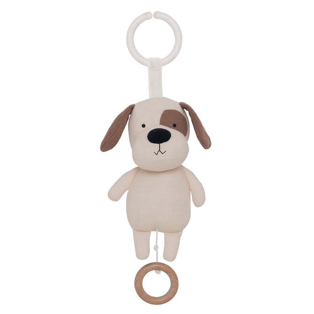 Pull down musical puppy.  Perfect for keeping the little one entertained in the car or pram.