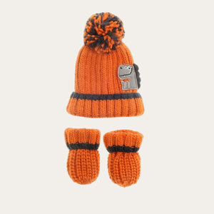 Orange Dinosaur Bobble Hat and Mittens
