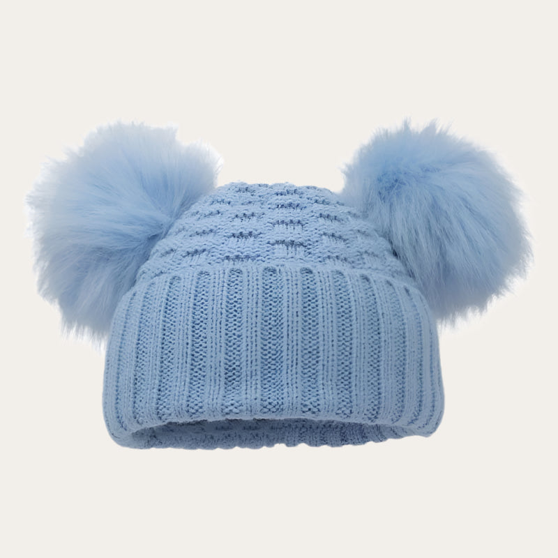 Baby Blue Checked/Striped Knit Hat with Faux Fur Double Pom Poms Baby Hat.