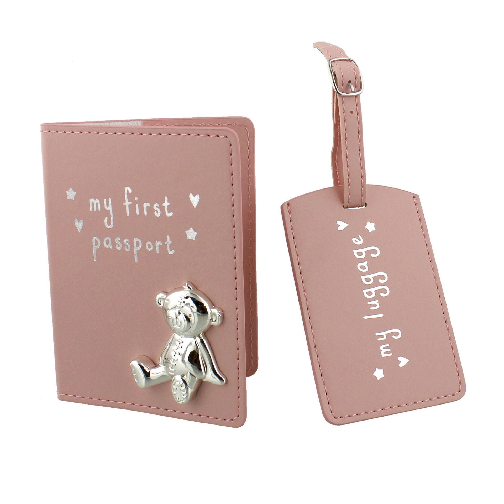 New Baby Girl Gift Pink Passport Holder & Luggage Tag Set With Elephant Design