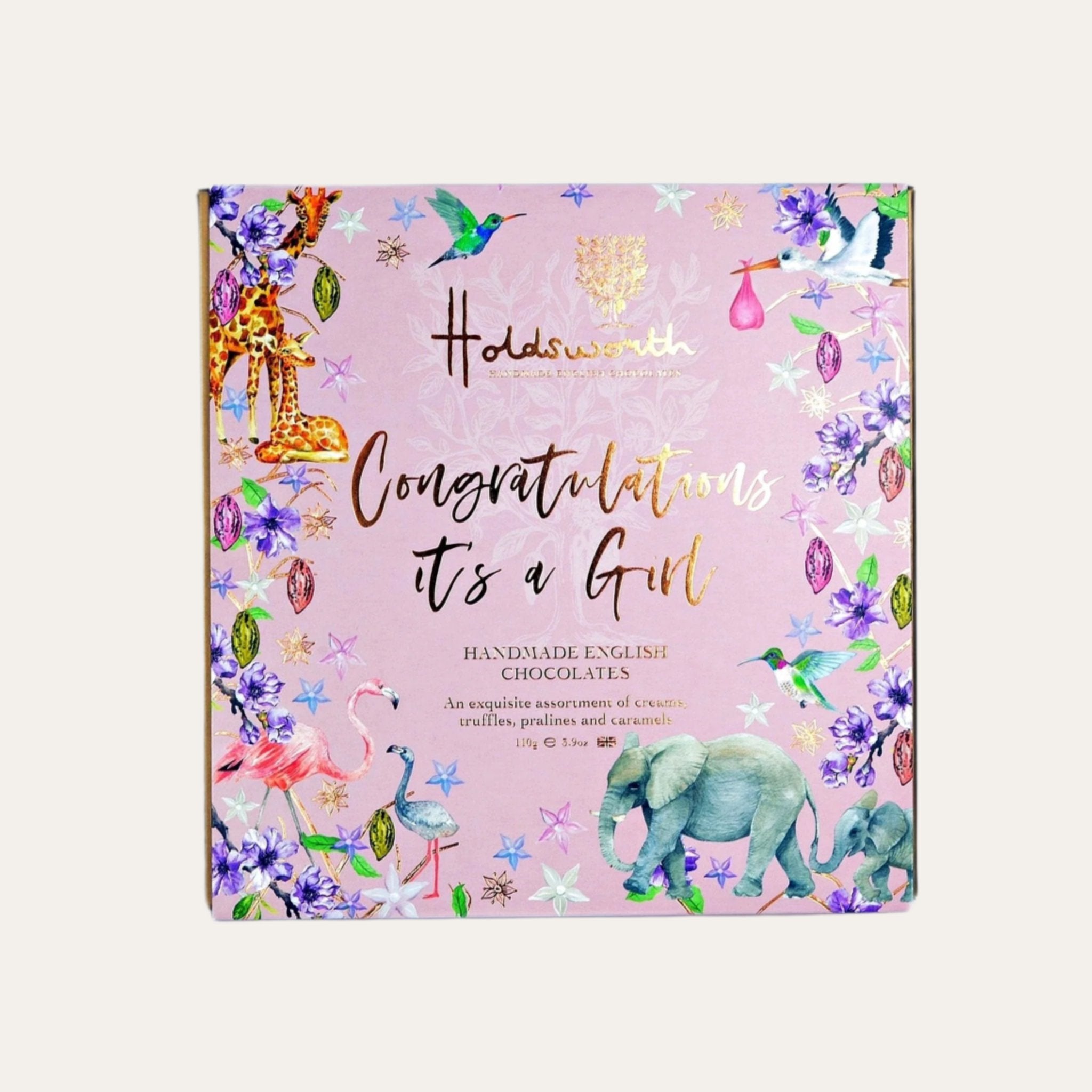 Pink chocolate box with a message on the front for a newborn baby girl ’Congratulations It's A Girl’