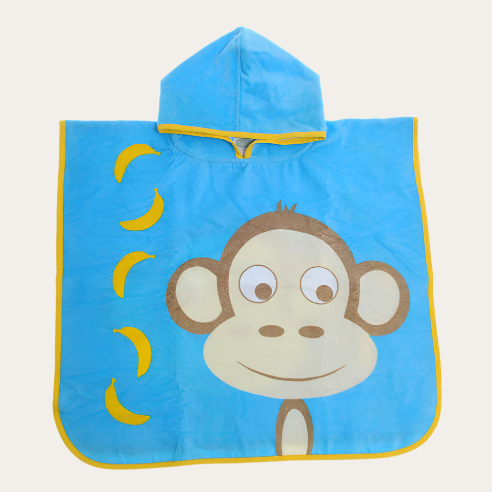 Blue swim towel hooded poncho featuring a large monkey picture.