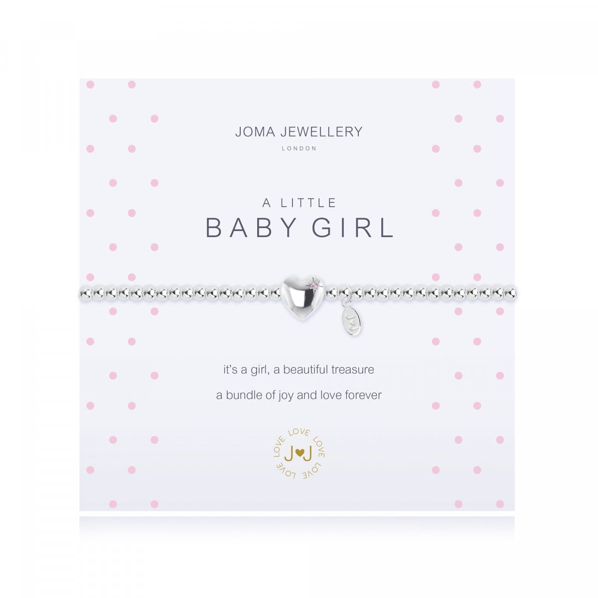 Silver bracelet with heart charm on a sentiment card for a little baby girl.