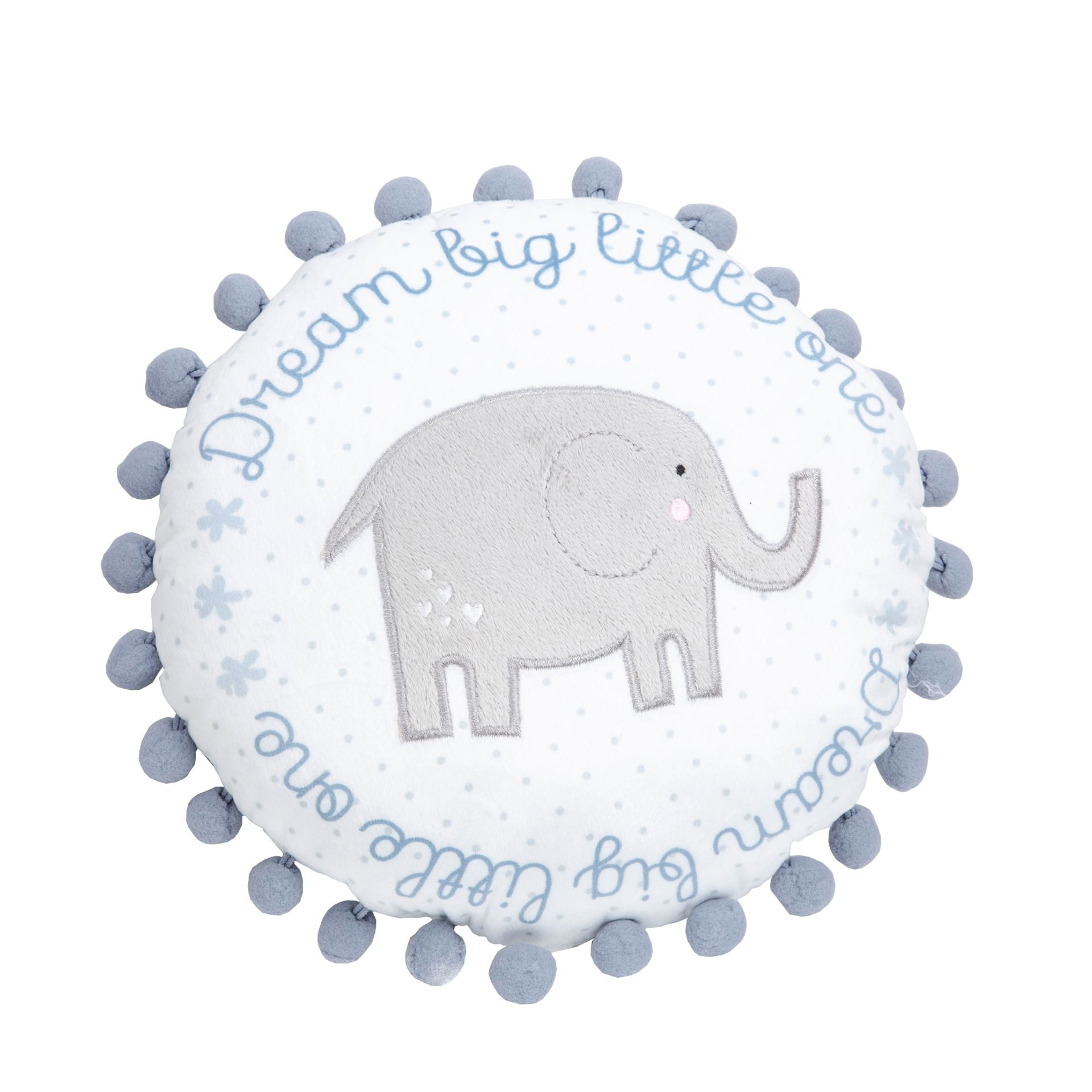This super soft 30cm fabric cushion features a cute grey elephant design with blue border lettering and blue bobbly trim around the edge. The perfect comforting accessory for a little prince's room. Wipe clean only.