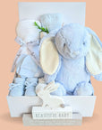 Baby boy gifts hamper with bunny, blanket, muslin wrap, baby booties and scratch mittens.