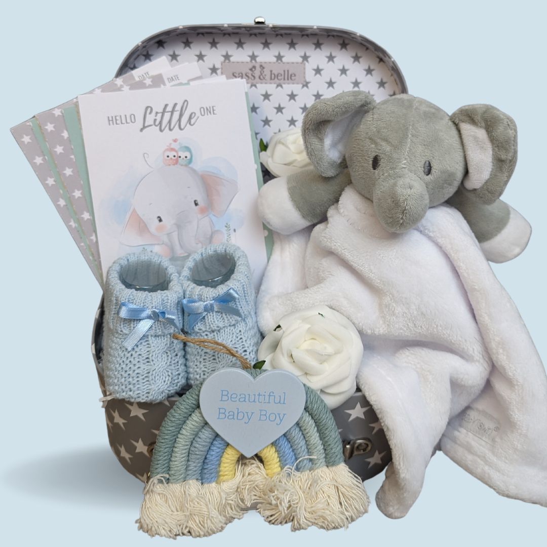Small baby boy gifts hamper with elephant comforter and blue booties.