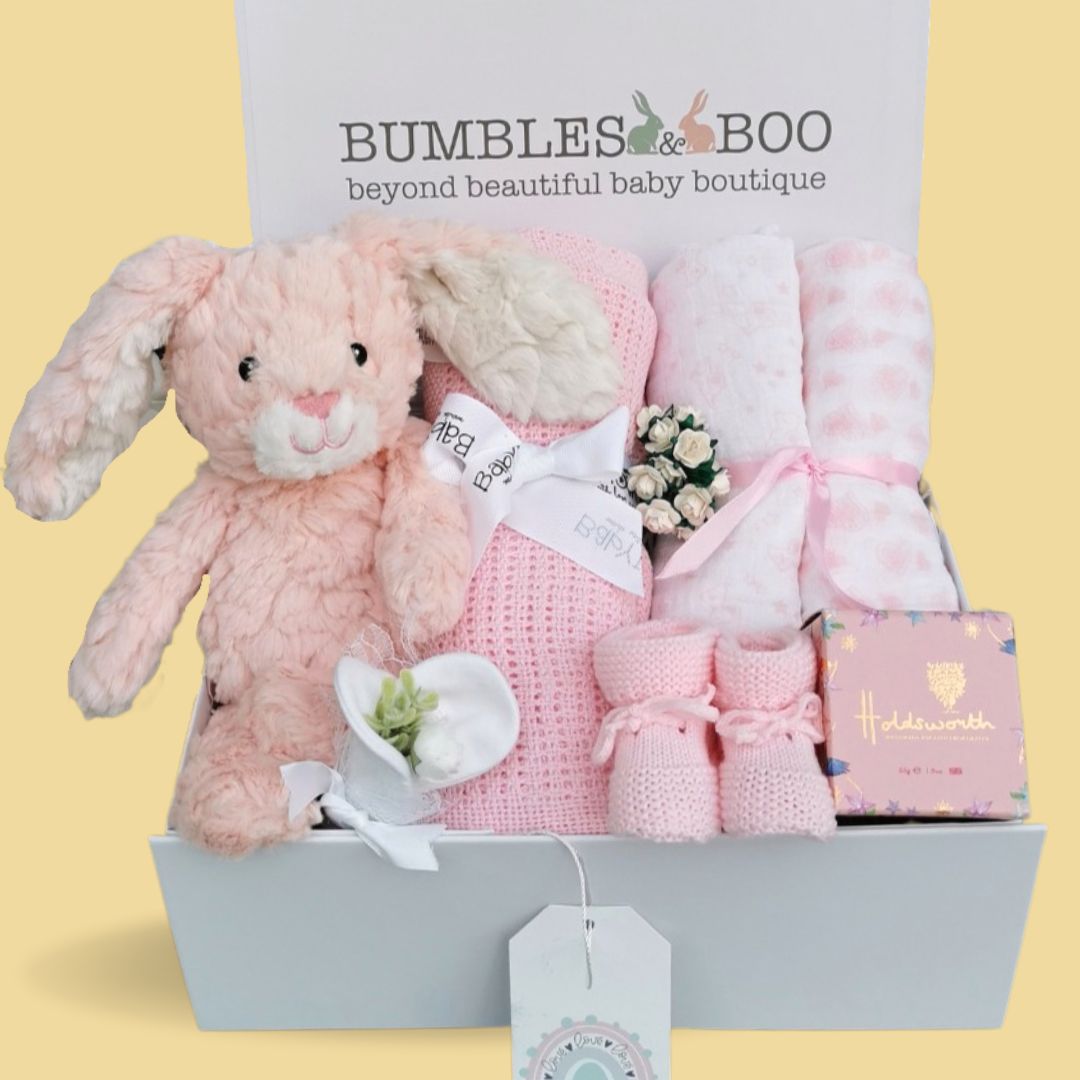 Baby girl hamper gifts - keepsake box with pink bunny, pink cellular blanket &amp; pink patterned muslins.