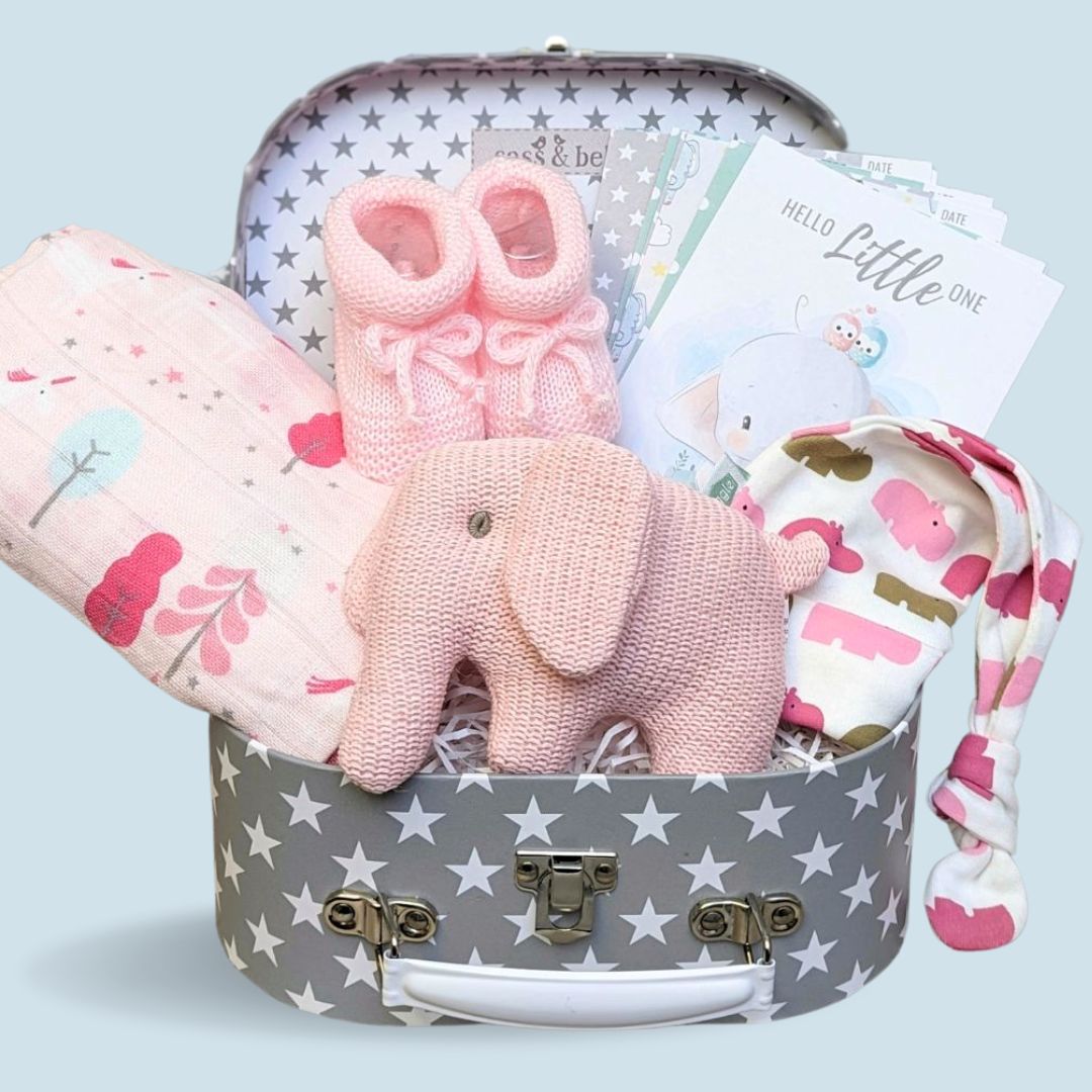 Baby girl gifts in a grey stars hamper suitcase. With pink elephant toy and milestone cards.