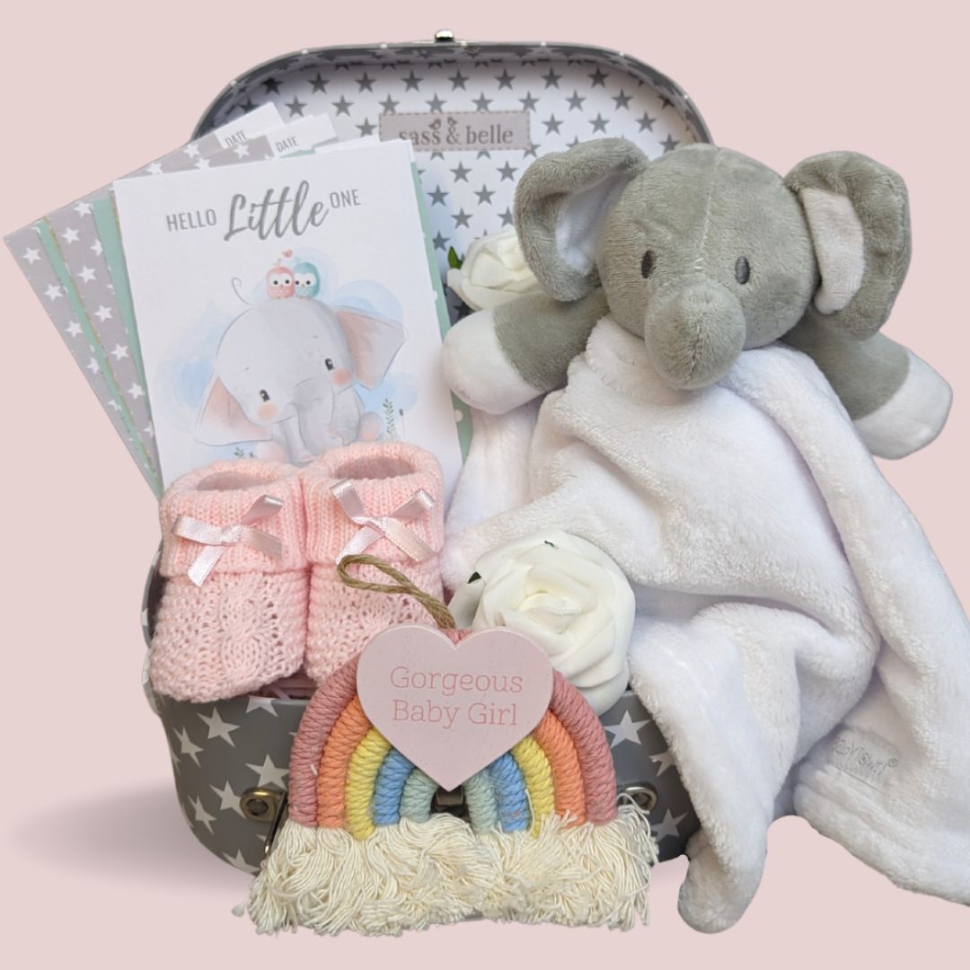 Baby girl hamper gift with elephant soft toy, milestone cards, baby booties and hanging decoration.