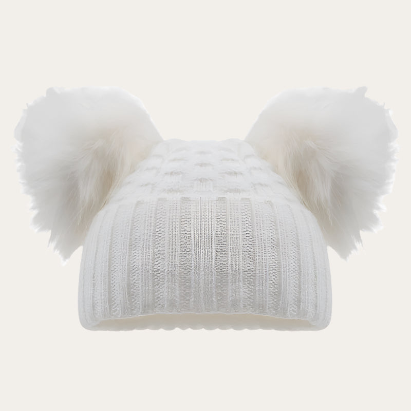 Baby White Checked/Striped Knit Hat with Faux Fur Double Pom Poms Baby Hat.