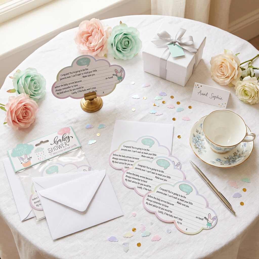 Cloud-shaped baby shower advice cards with pastel details displayed on a party table.