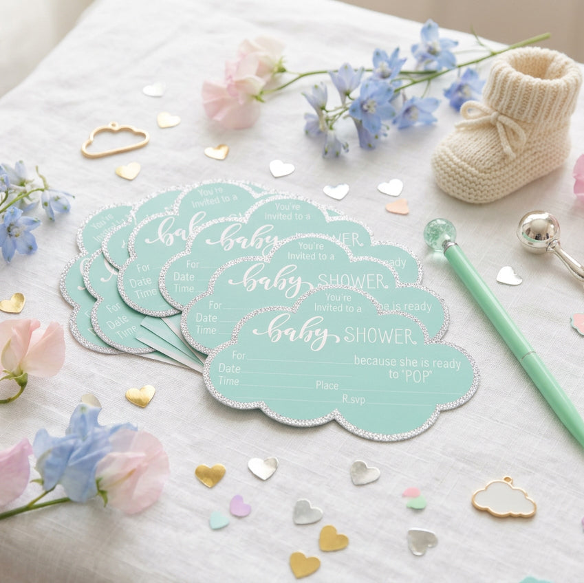Mint-green cloud-shaped baby shower invitation cards arranged with flowers and a pen.