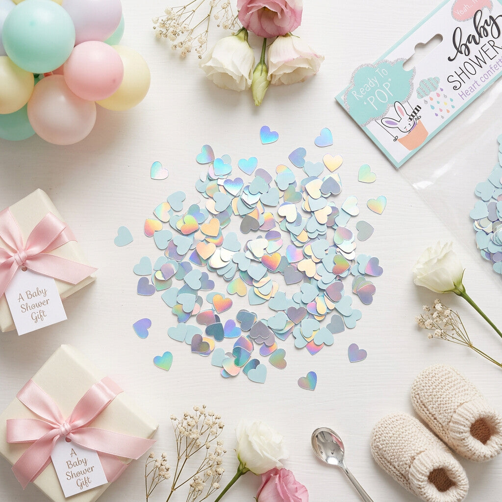 Shimmering heart-shaped baby shower confetti scattered beside its pastel retail packaging.