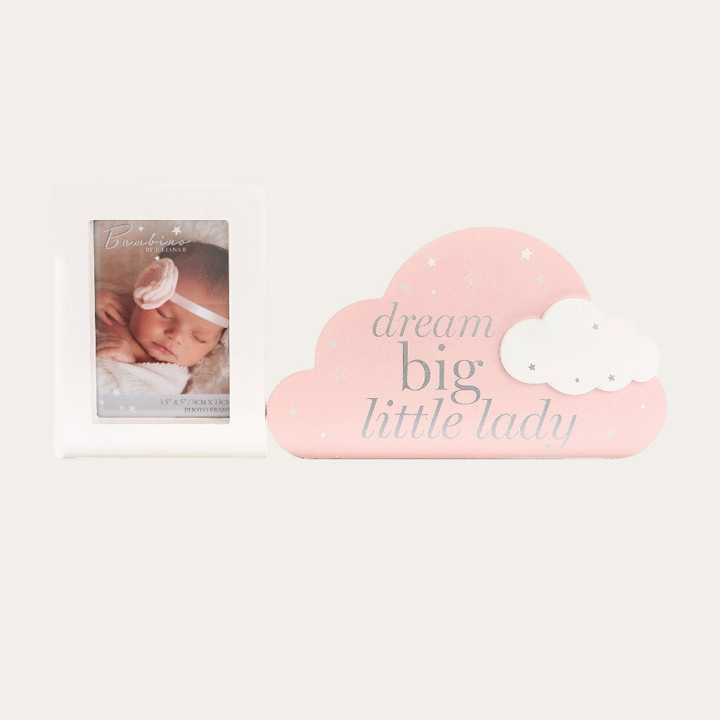 Bambino Mantel Plaque Frame "Dream Big Little Lady" Baby Plaque.