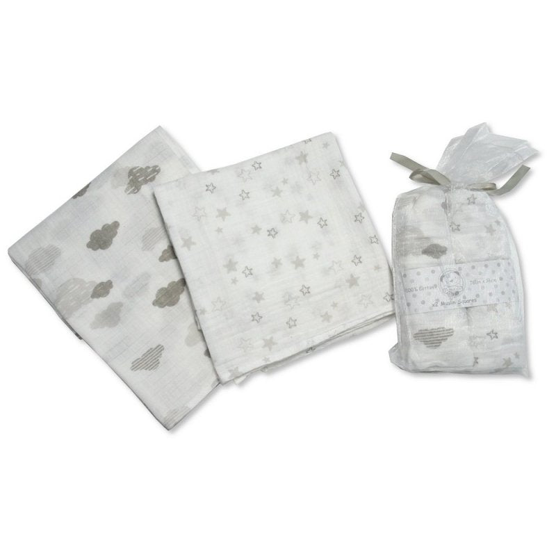 2 Pack White/Silver Grey Muslin Blankets