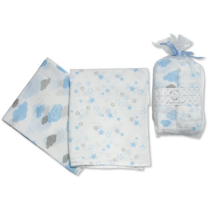 2 White/Blue Muslins with cloud and star design