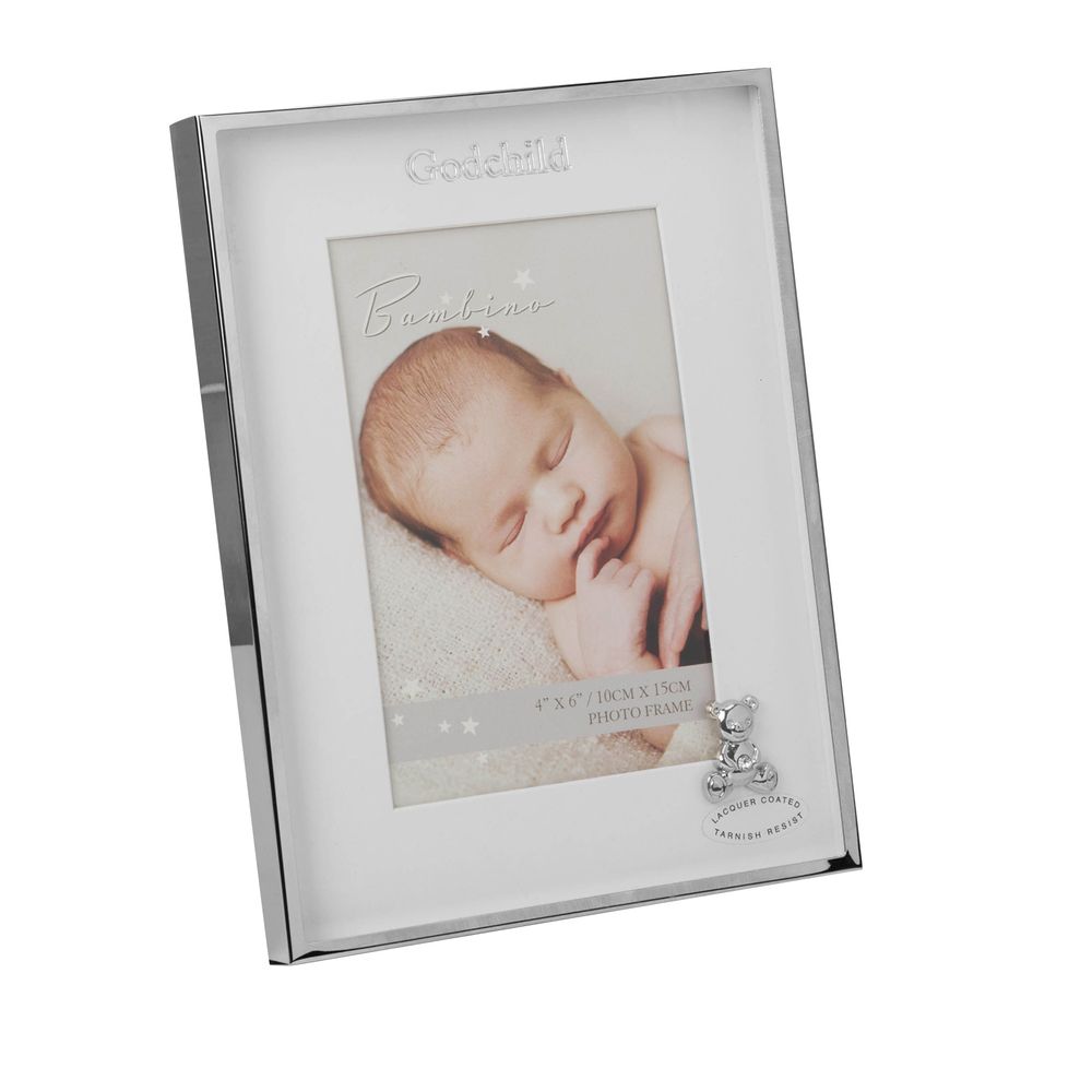 Godchild&#39; Bambino Silver Effect Frame with Teddy 4&quot; x 6&quot;