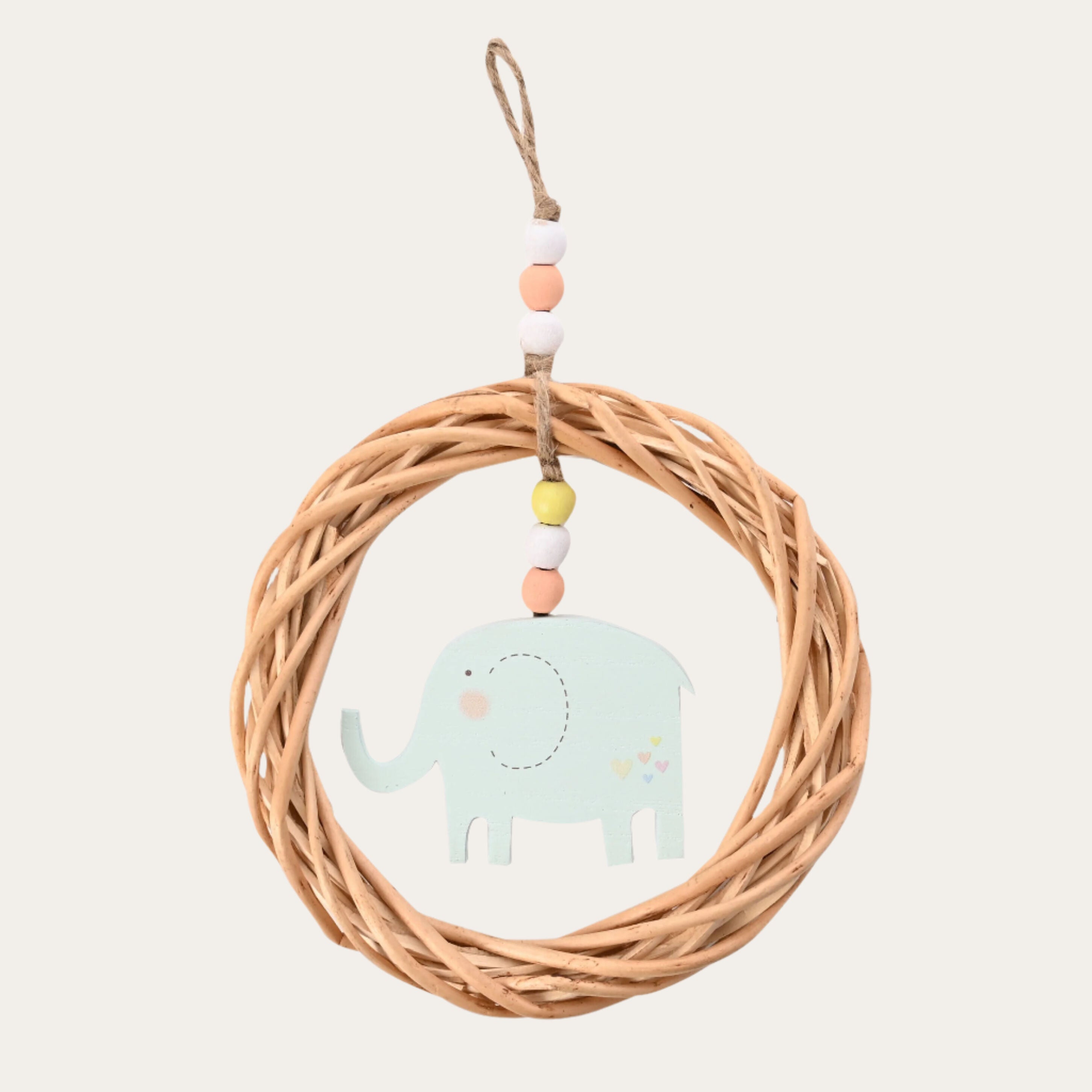 Petit Cheri MDF Elephant in Wicker Circle Plaque 15cm Baby Plaque.