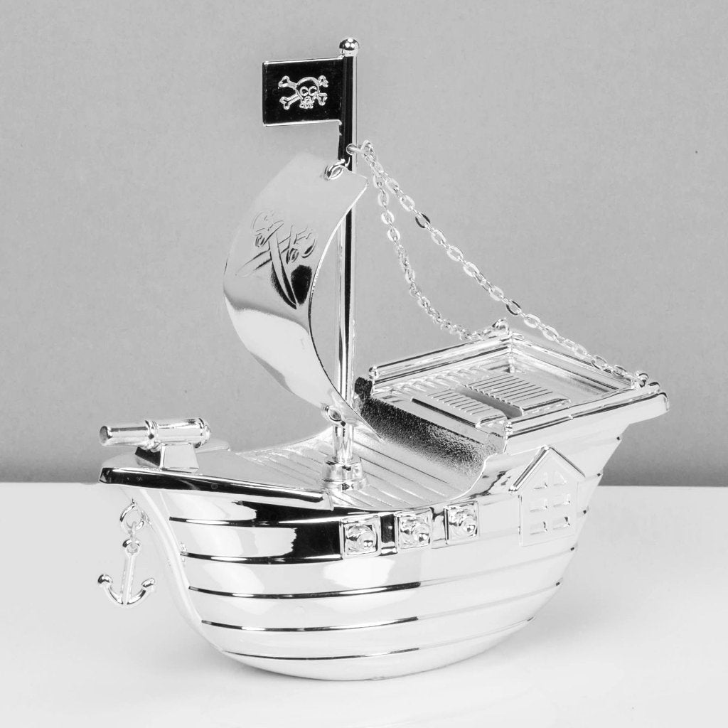 Bambino Silver Plated Money Box - Pirate Ship Money Box.